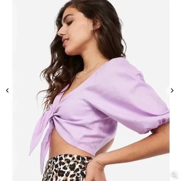 Express x Rocky Barnes Pastel Purple Linen Cotton Tie Front Crop Top SZ S - Picture 3 of 11